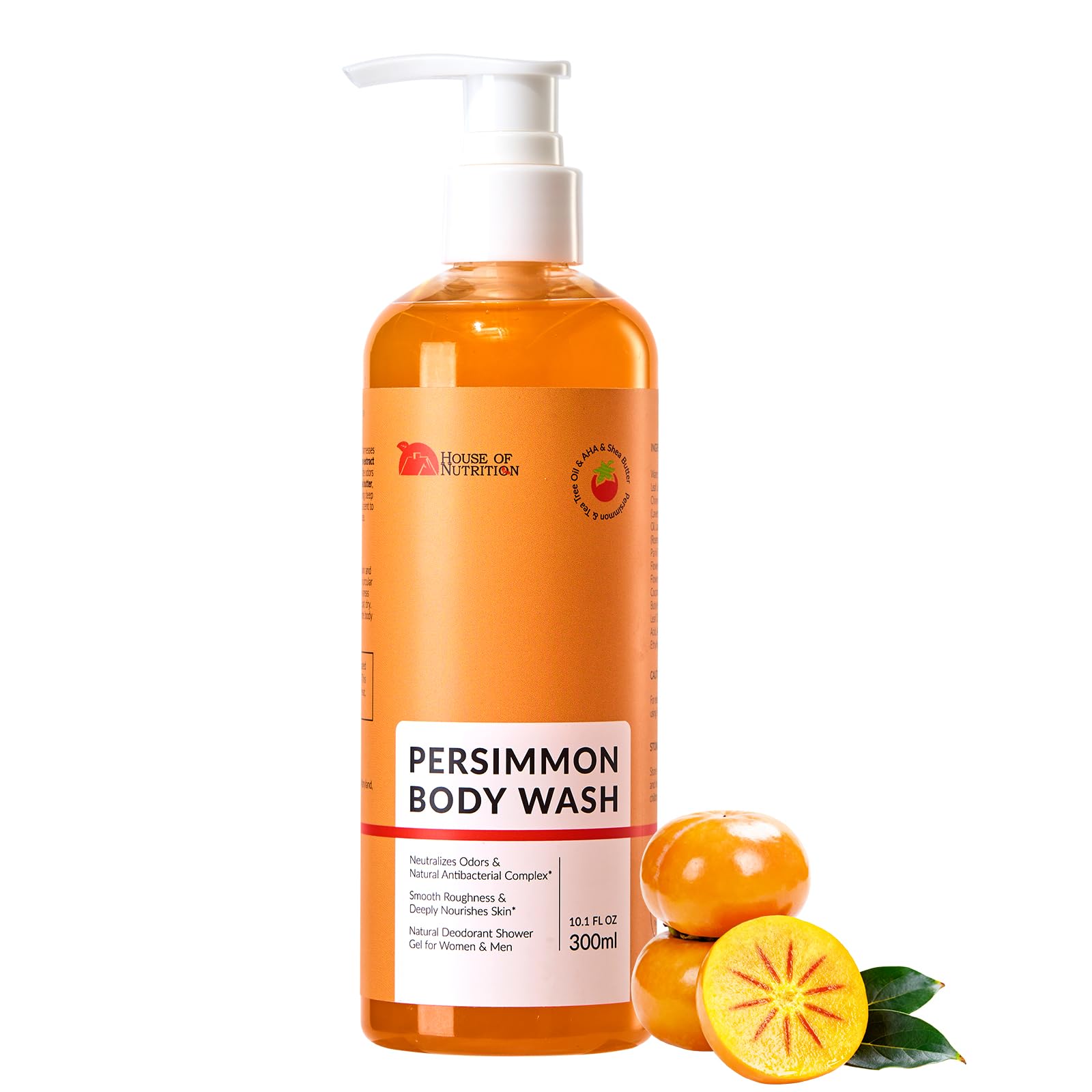 House of Nutrition Persimmon Body Wash bottle close-up for odor control during daily use.