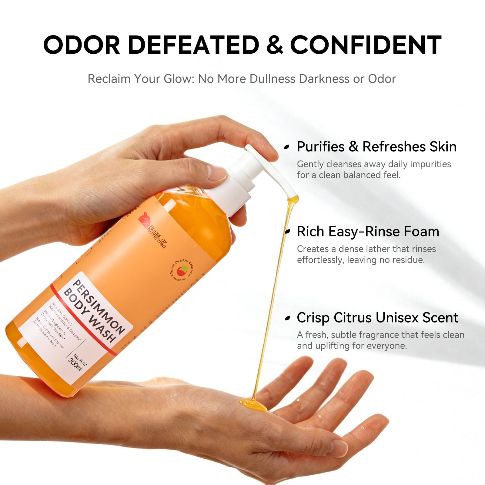 House of Nutrition Persimmon Body Wash foaming lather for deep cleansing and skin comfort.