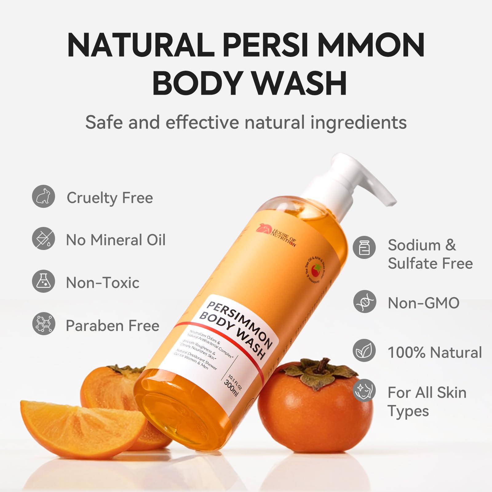 House of Nutrition Persimmon Body Wash key ingredients olive oil and shea butter moisturize skin.
