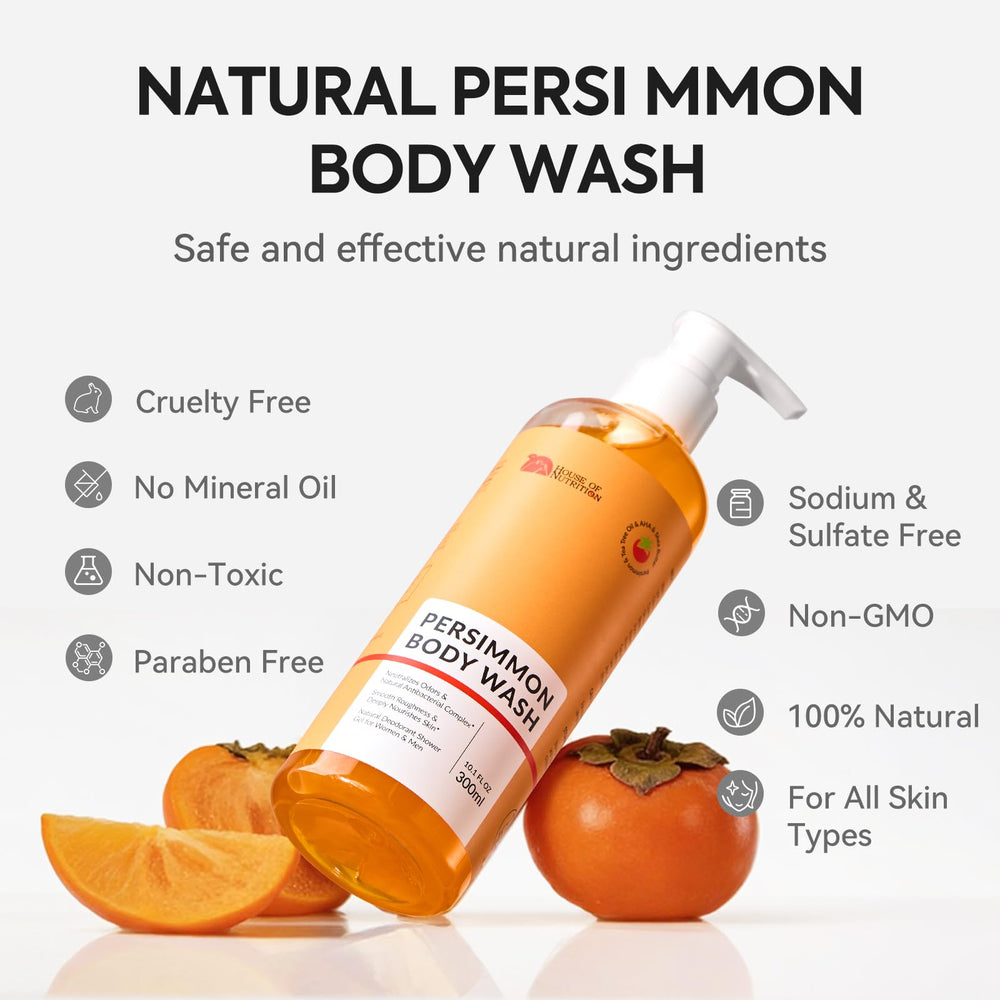 House of Nutrition Persimmon Body Wash key ingredients olive oil and shea butter moisturize skin.