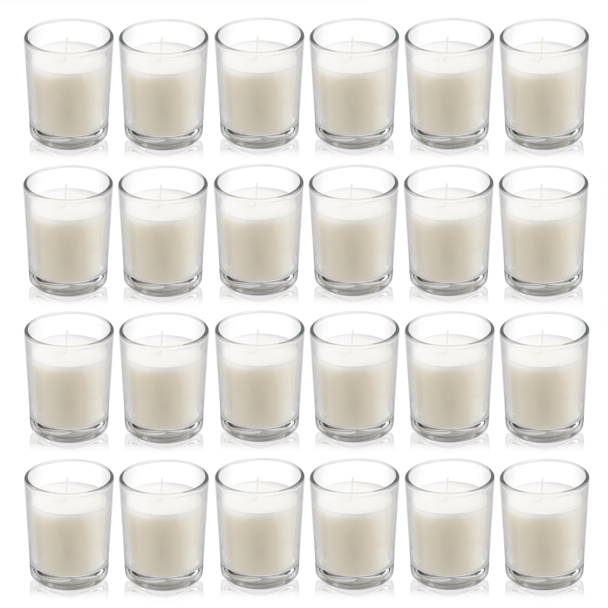 Housecret 24-pack warm white unscented glass votives for long, clean burns.