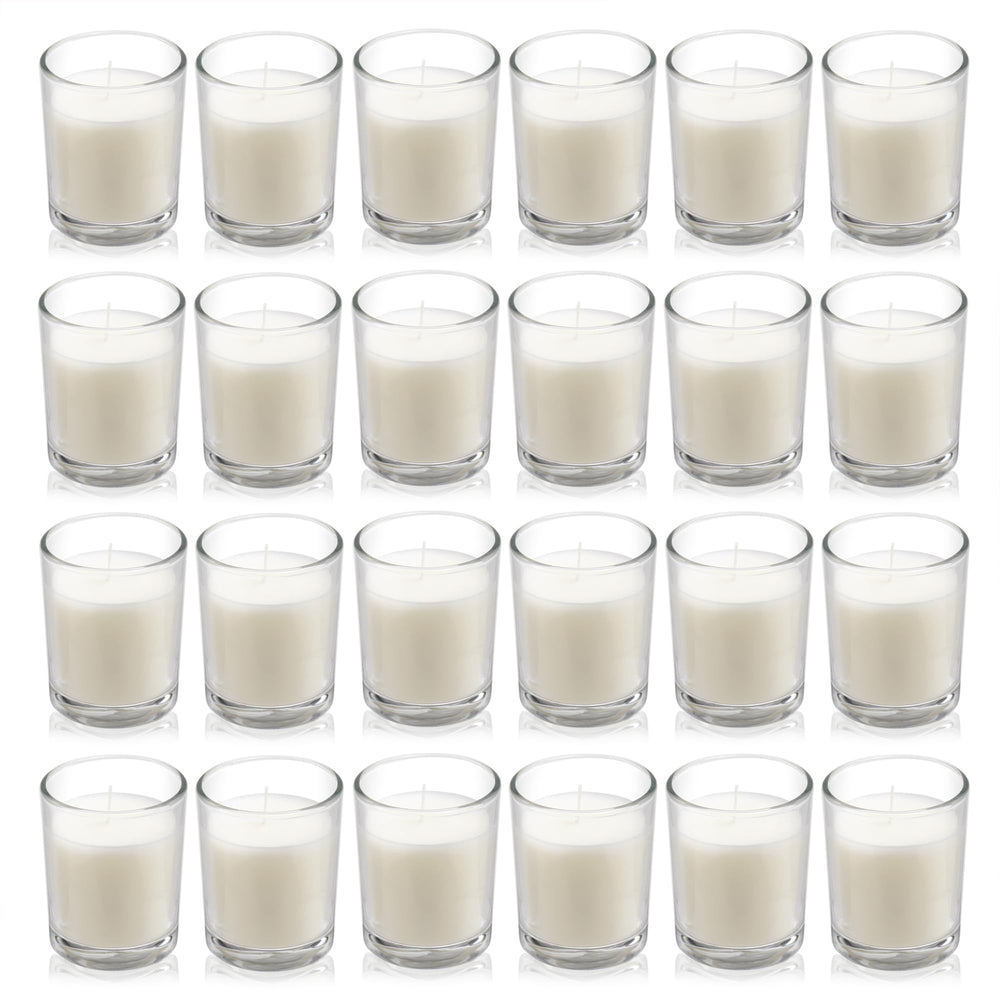 Housecret 24-pack warm white unscented glass votives for long, clean burns.