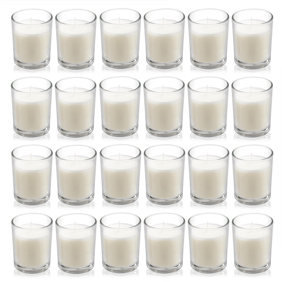 Housecret 24-pack warm white unscented glass votives for long, clean burns.