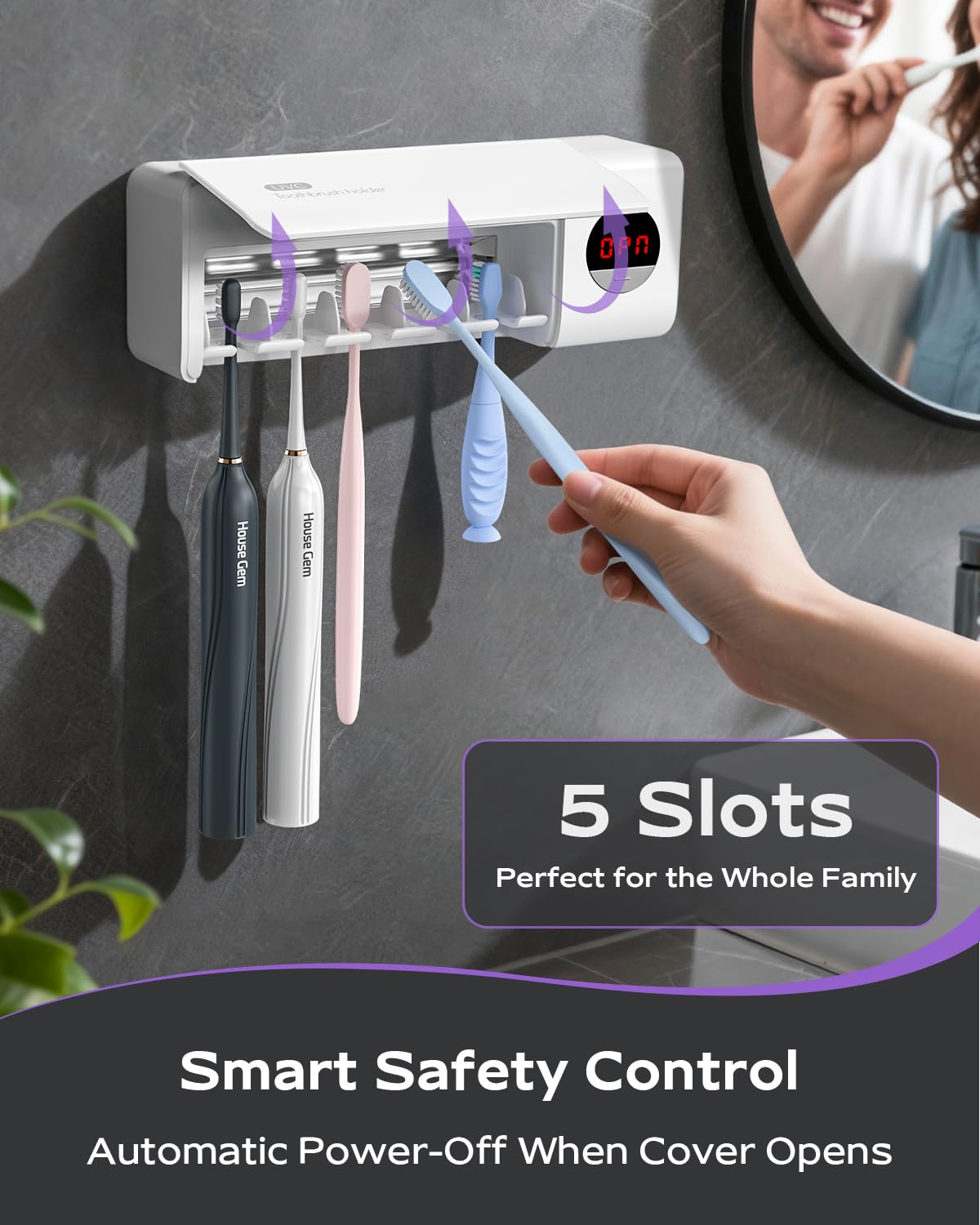HouseGem capacity five-brush design fits electric or manual brushes for family use.