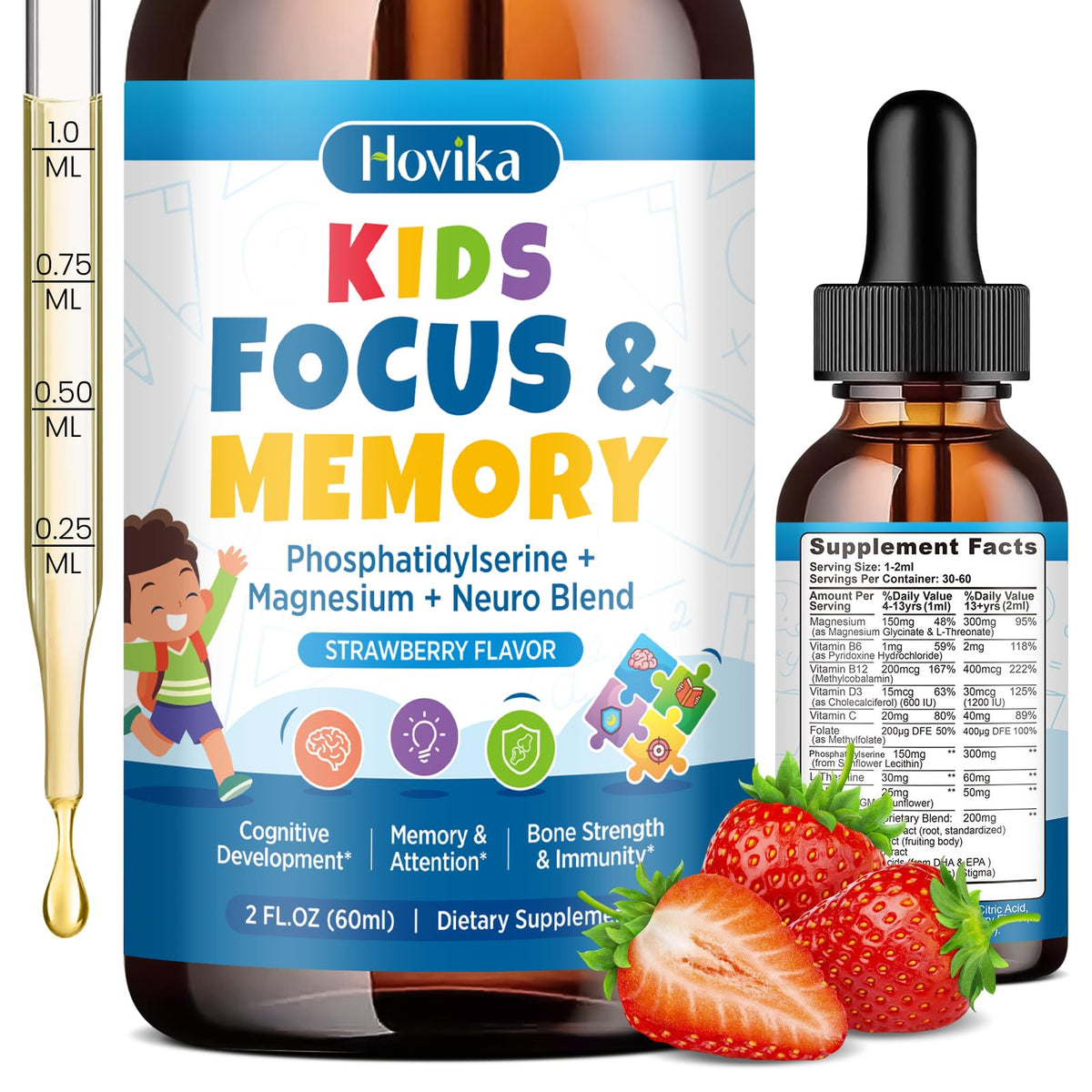 Hovika Kids Focus bottle with pour cap for easy daily dosing.