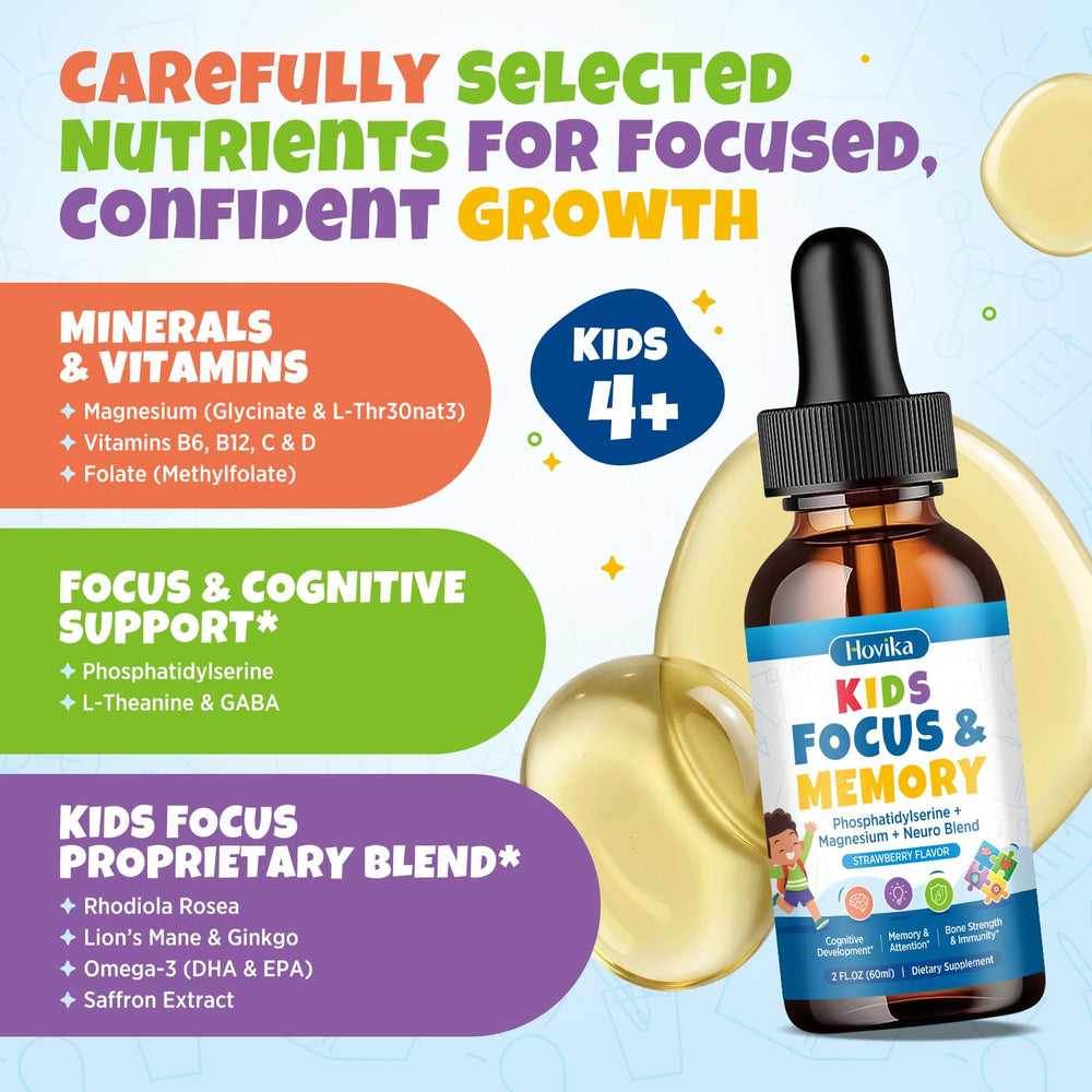 Hovika Kids Focus strawberry flavor image emphasizing tasty, sugar-free brain support.