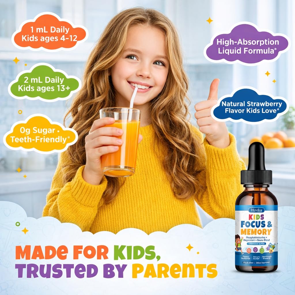 Hovika Kids Focus ingredients illustration featuring phosphatidylserine and omega-3.