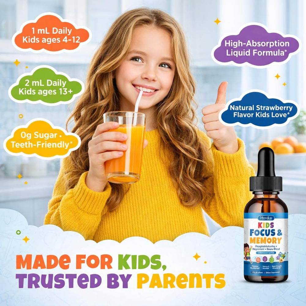 Hovika Kids Focus ingredients illustration featuring phosphatidylserine and omega-3.