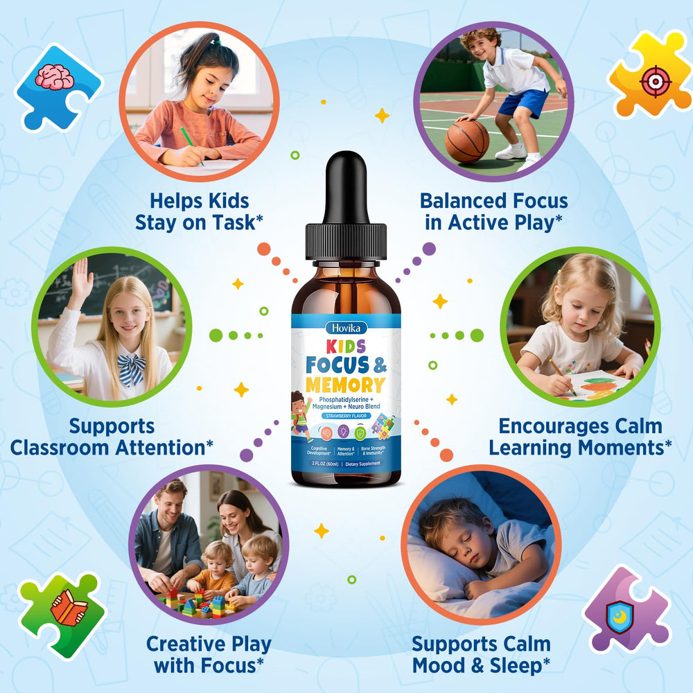 Hovika Kids Focus label front highlights key focus nutrients.
