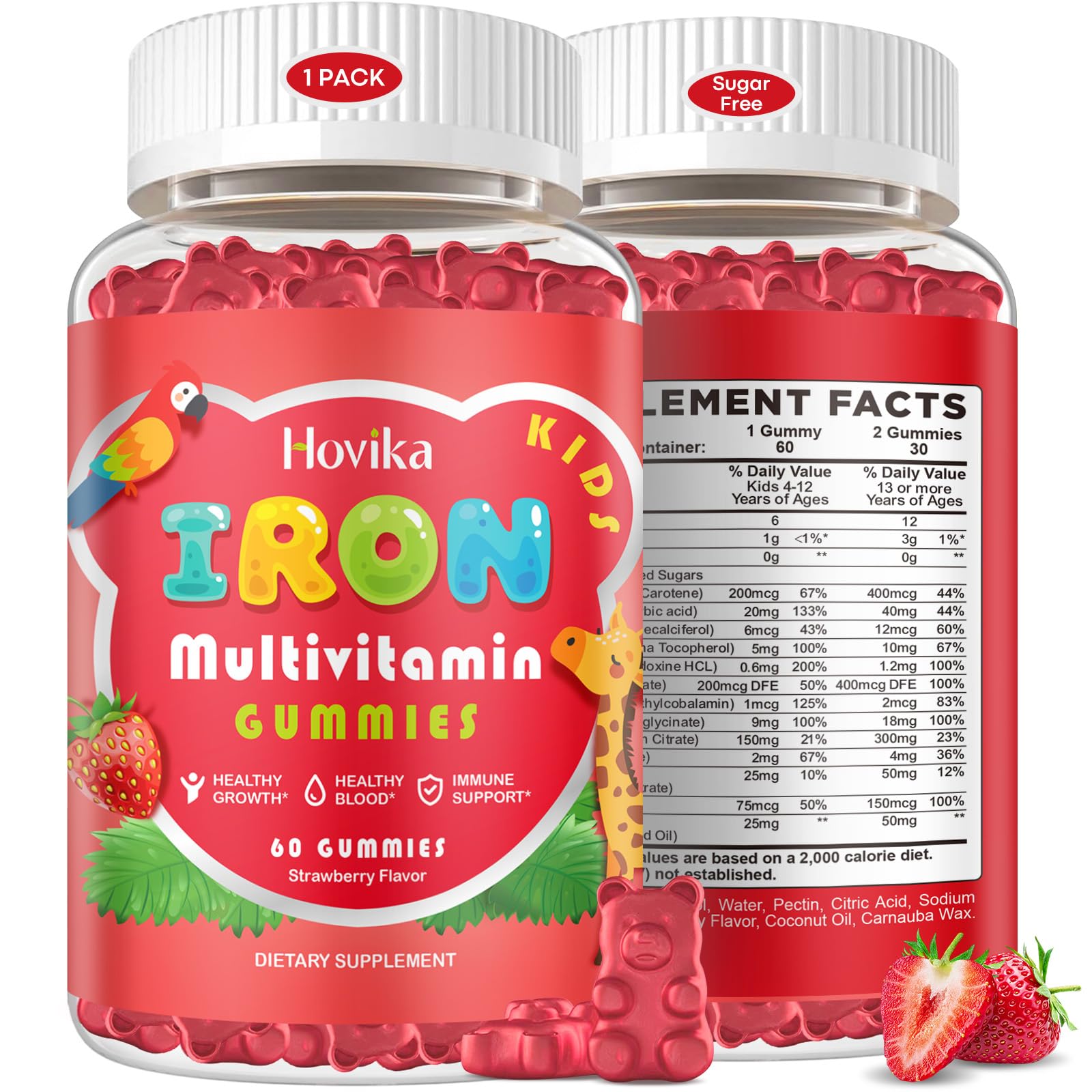 Hovika Kids Iron Gummies bottle shown for easy daily nutrition and vegan appeal.