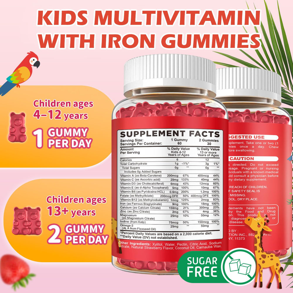 Ingredients scene highlighting iron, calcium, zinc, and folate for growing kids.