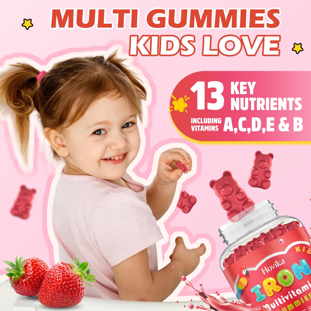 Close-up of chewy strawberry gummies from Hovika, kid-friendly texture.