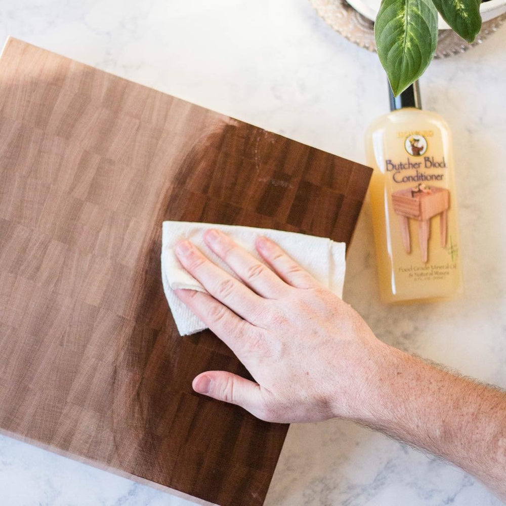 Howard butcher block oil label closeup highlights vitamin E protection.