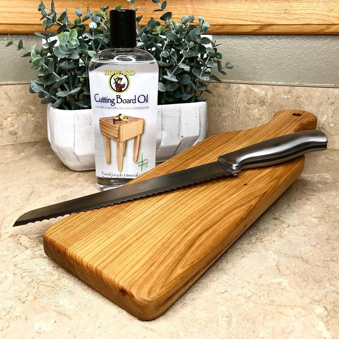 Howard cutting block conditioner applied to unfinished wood.