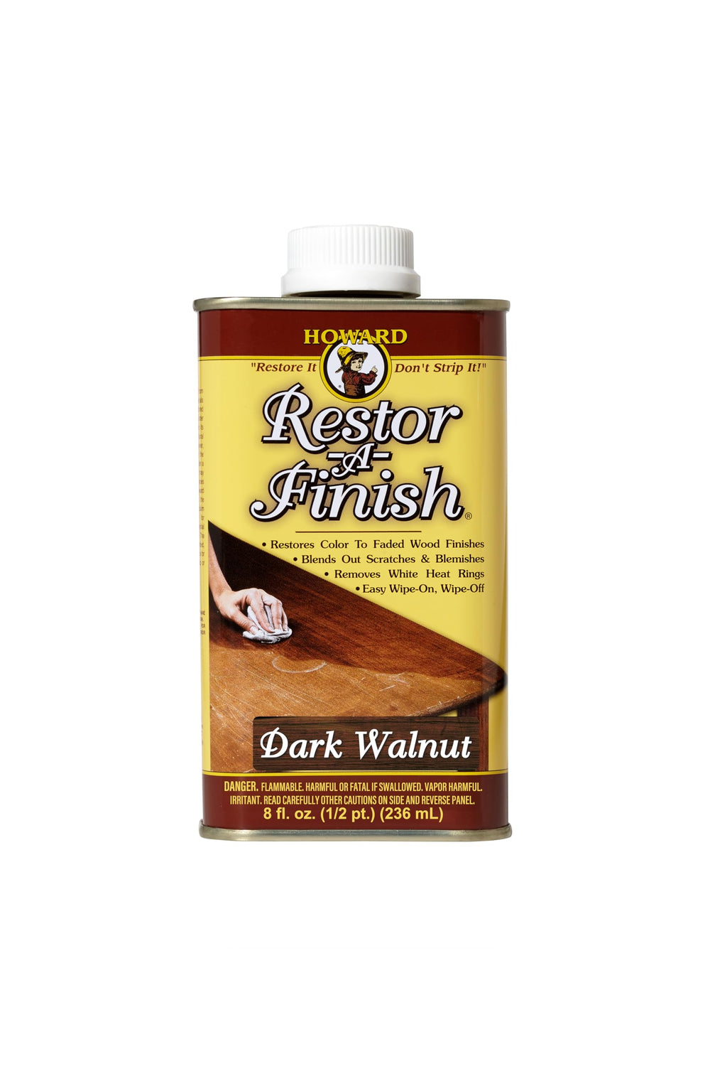 HOWARD Restor-A-Finish bottle front ready for safe wood finish restoration