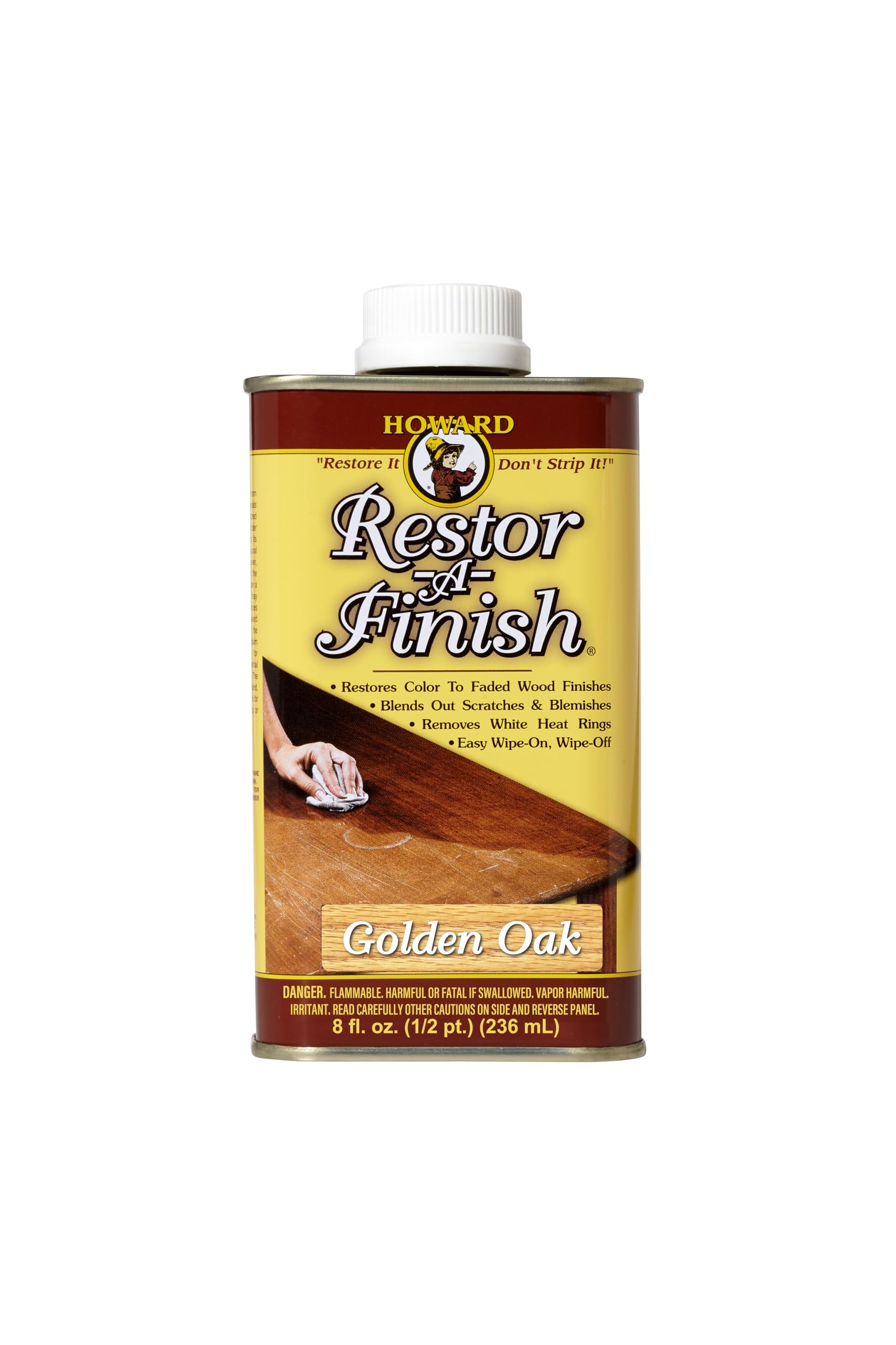Howard Restor-A-Finish Golden Oak 8 oz bottle pouring for quick touch-ups and color restoration.