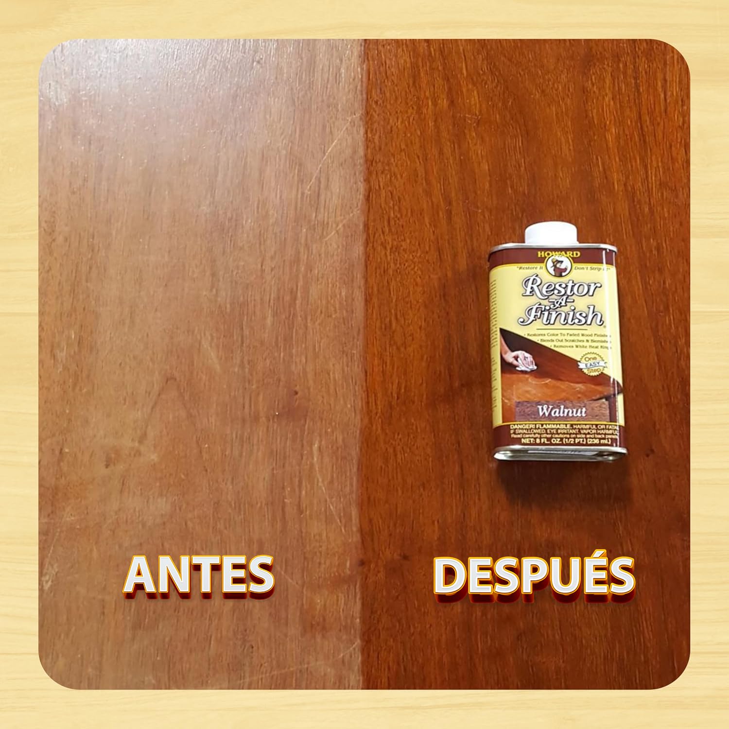 Howard Restor-A-Finish applied to wood surface showing restored finish and blended scratches.