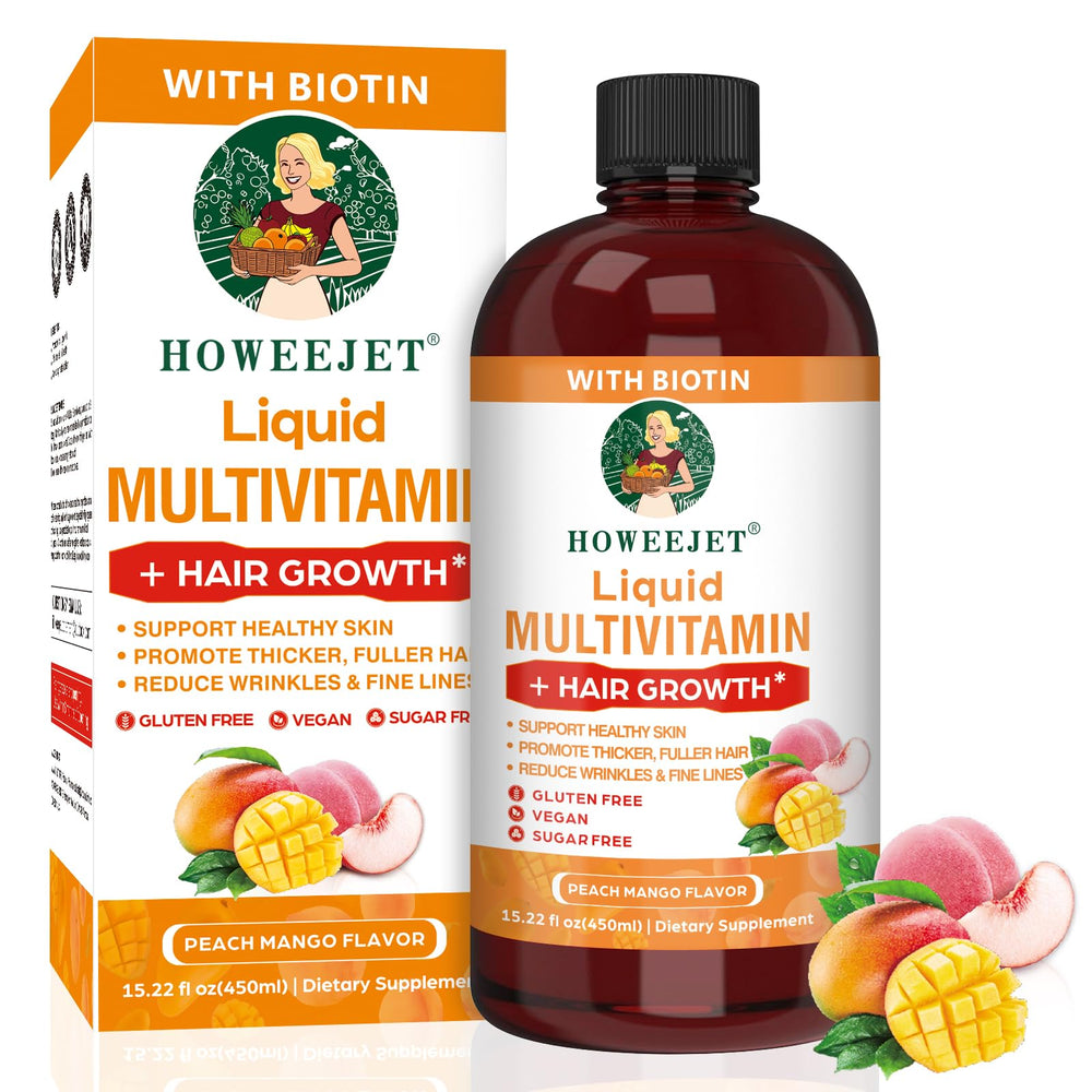 HOWEEJET liquid multivitamin bottle supporting hair and skin health with daily use.