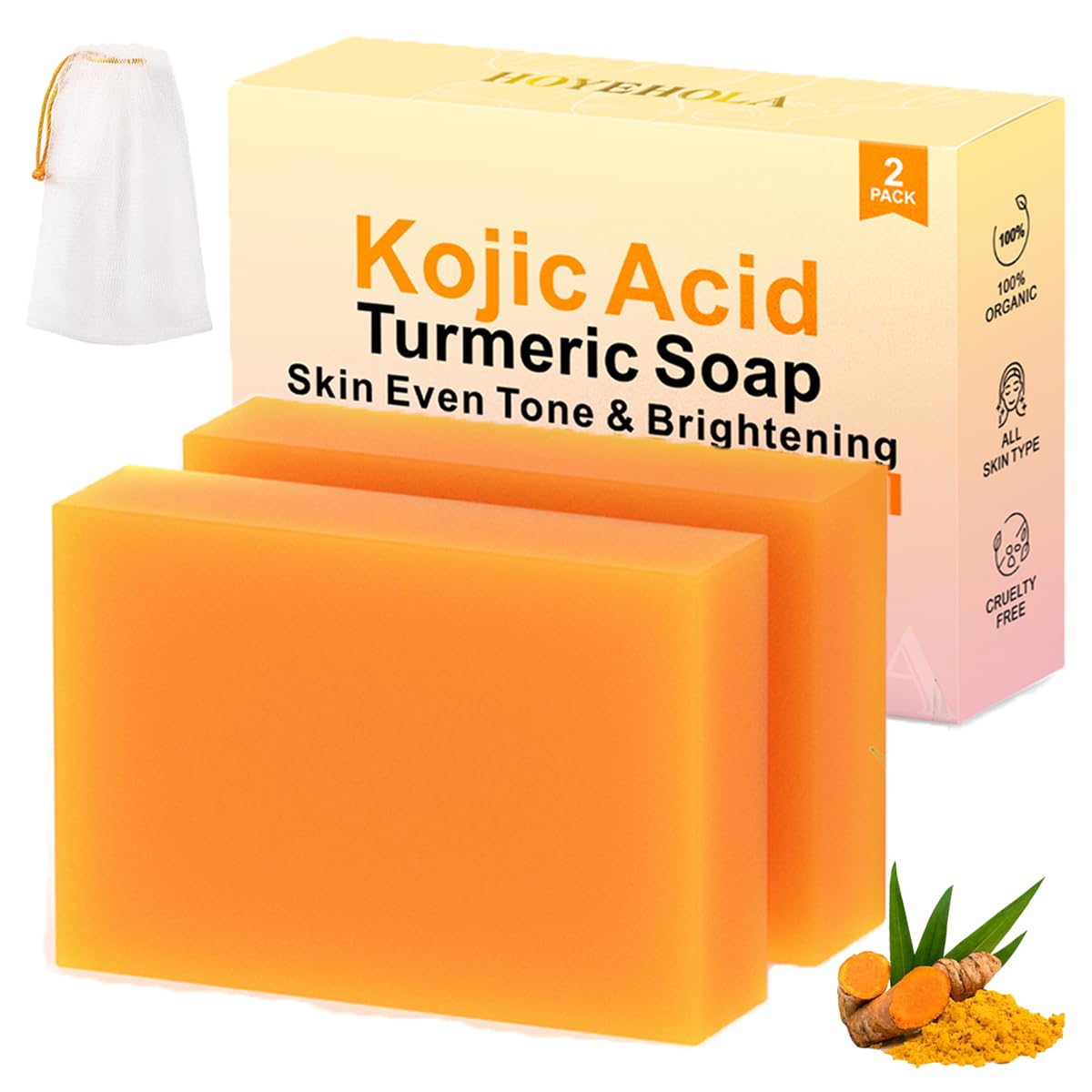 HOYEHOLA Kojic Turmeric Soap Bar close-up on face for even tone.