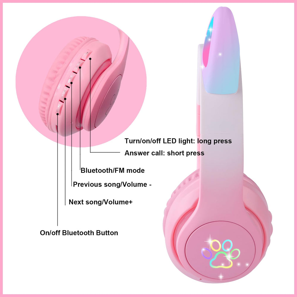 HOYJACY cat ear headphones pink folded, easy to carry in backpack