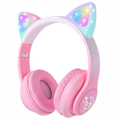 HOYJACY cat ear headphones pink front view for kids with colorful LED lights