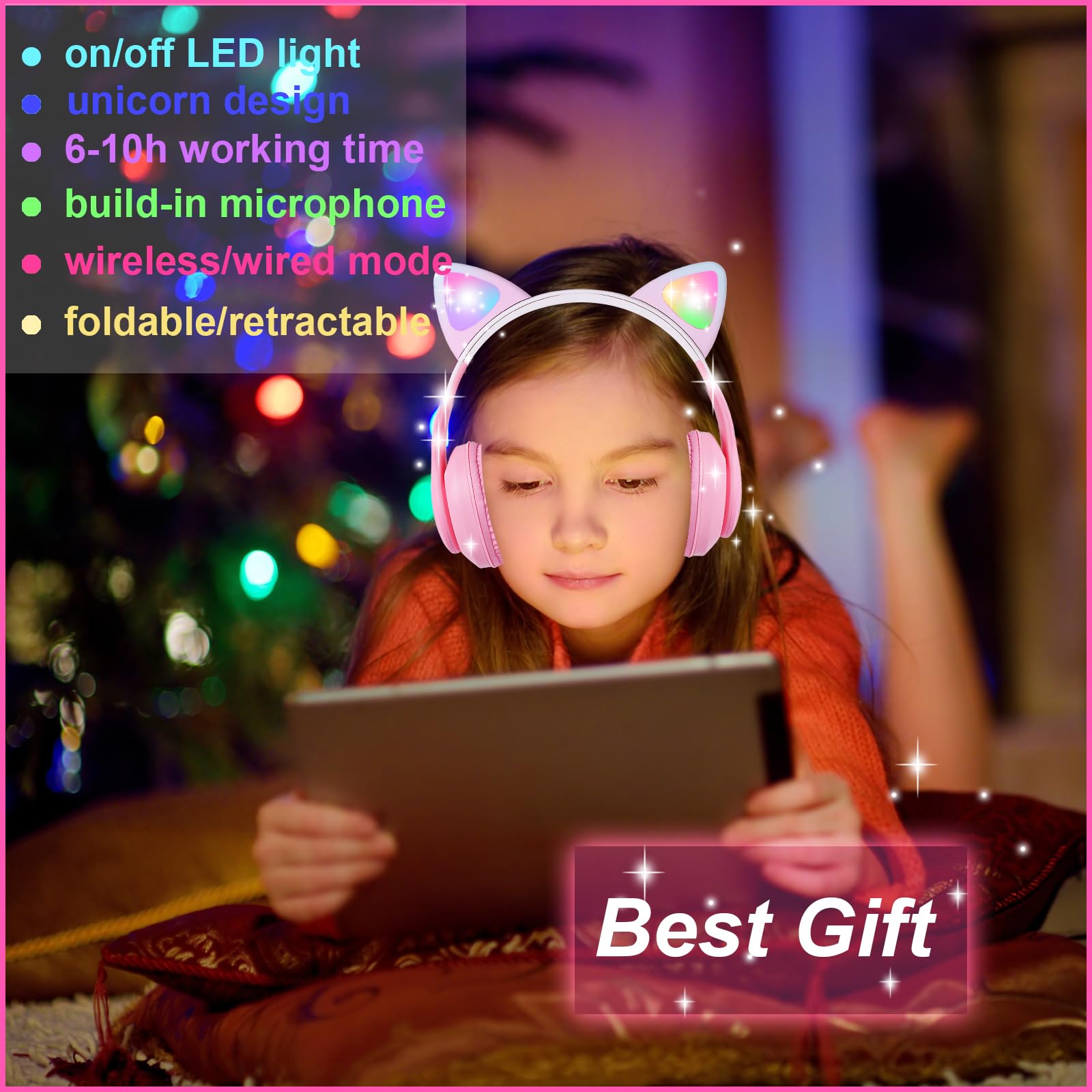 HOYJACY cat ear headphones pink LED-lit ears, ideal for dance party or gaming
