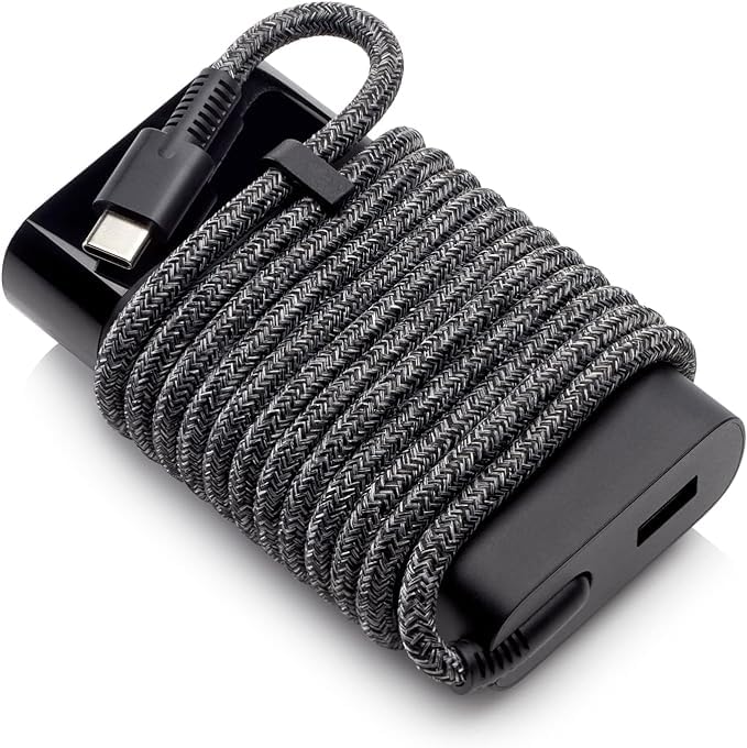 HP 65W USB-C charger plugged into a laptop for quick power.