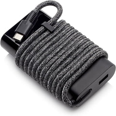 HP 65W USB-C charger plugged into a laptop for quick power.