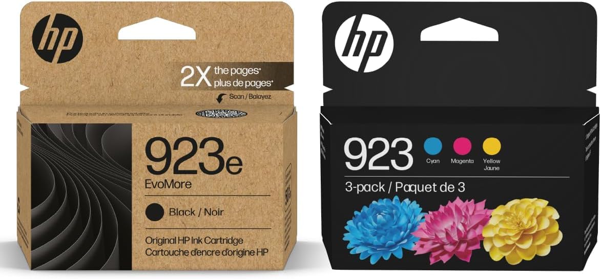 HP 923e EvoMore black ink cartridge 2-pack delivers crisp text and reliable performance.