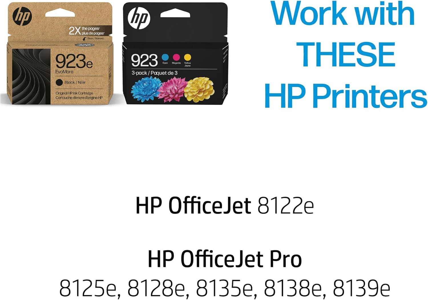 HP 923e EvoMore tri-color cartridge 2-pack produces vibrant color for documents.