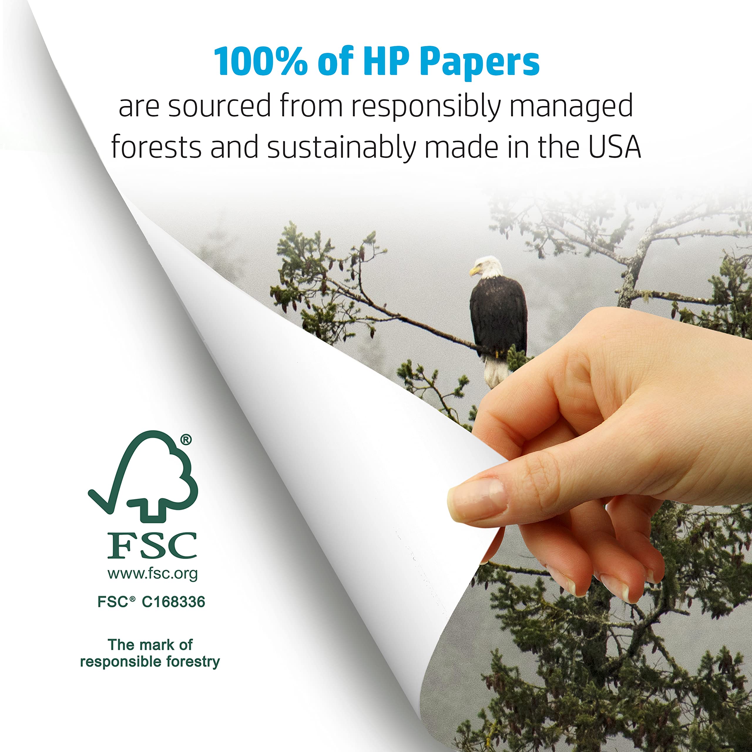 HP Papers FSC logo closeup emphasizes eco-friendly credentials for responsible printing.