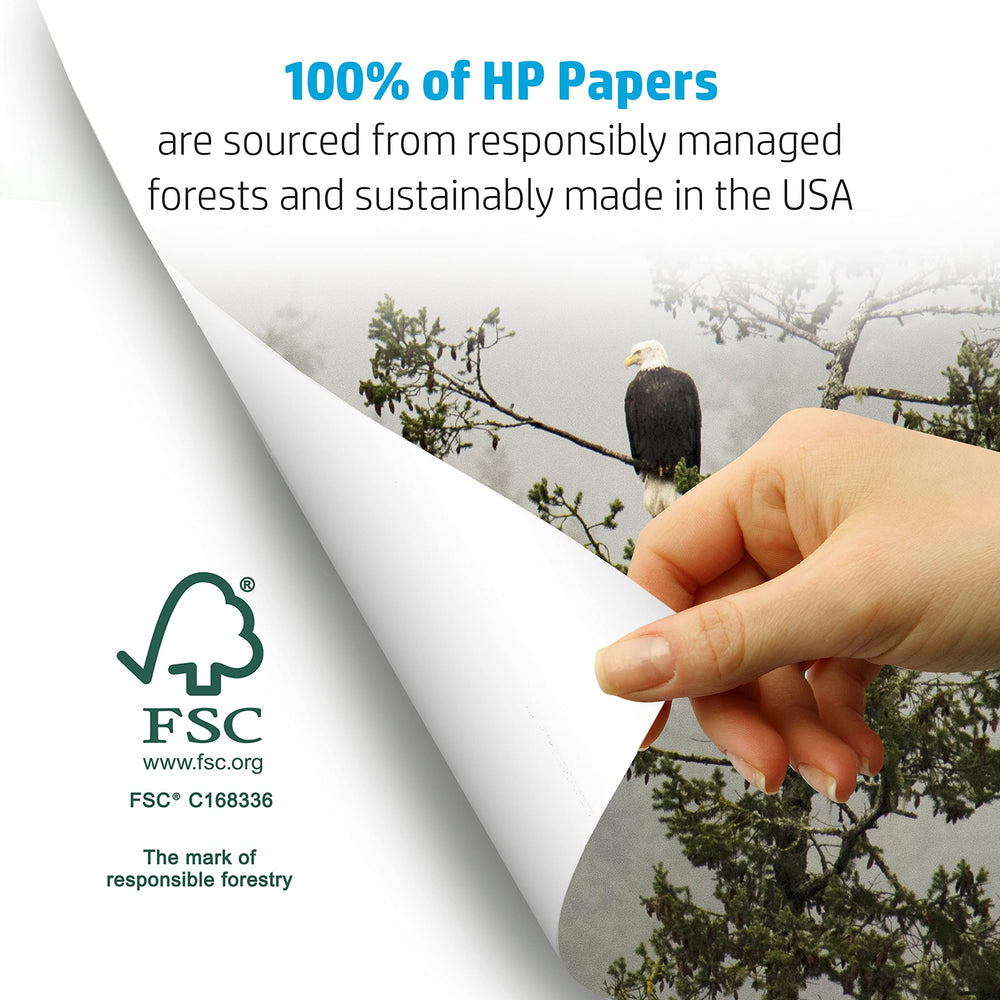 HP Papers FSC logo closeup emphasizes eco-friendly credentials for responsible printing.