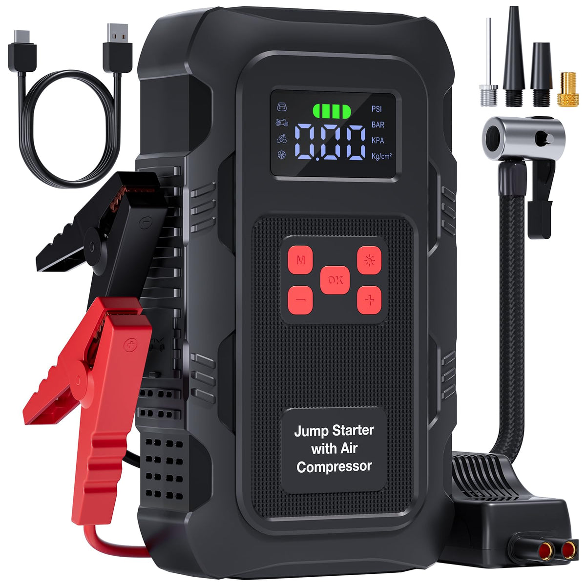 HPBS 5000A jump starter front view shows powerful boost for gas and diesel engines.