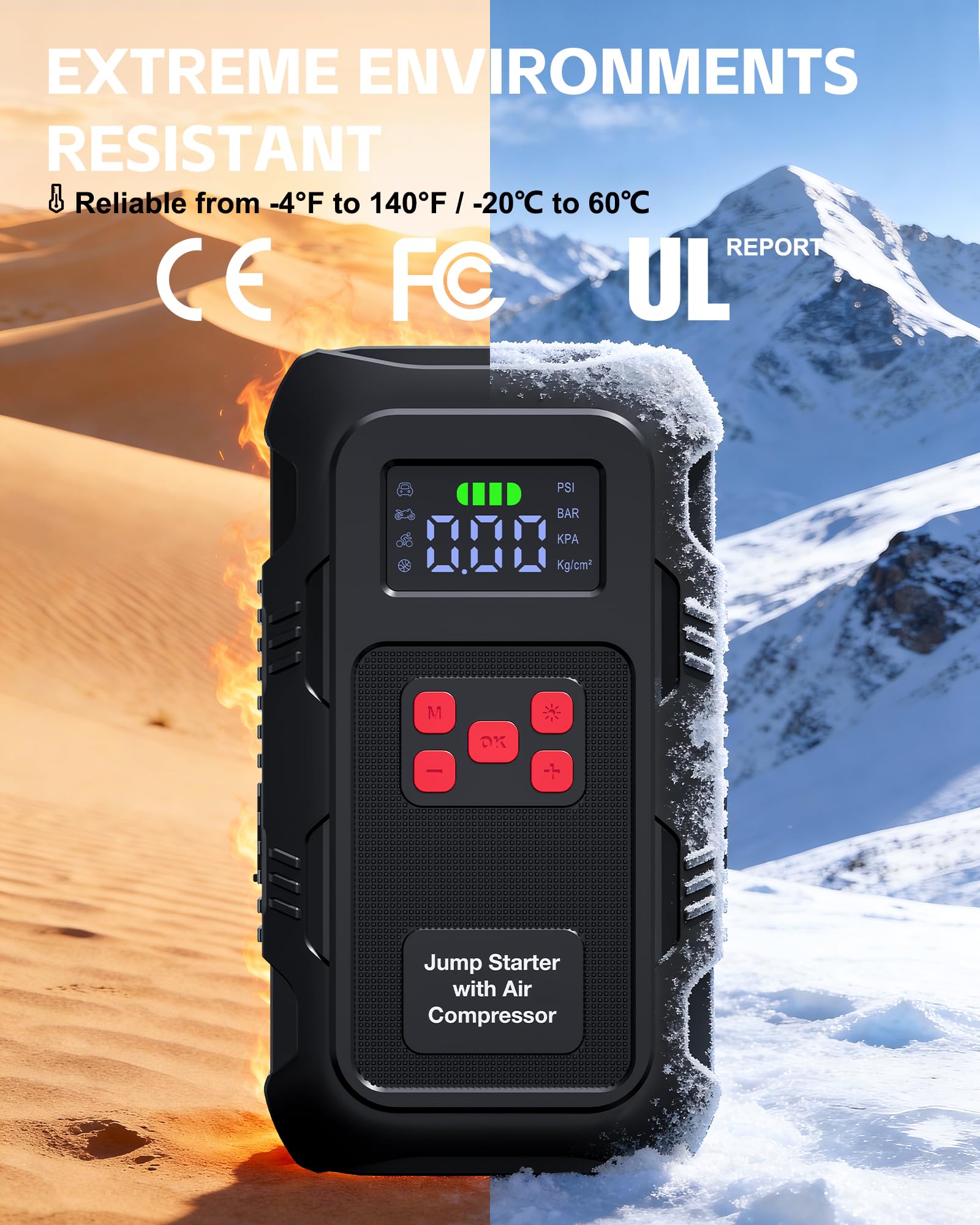 HPBS 5000A jump starter handles up to 10.0L gas and 8.0L diesel engines.