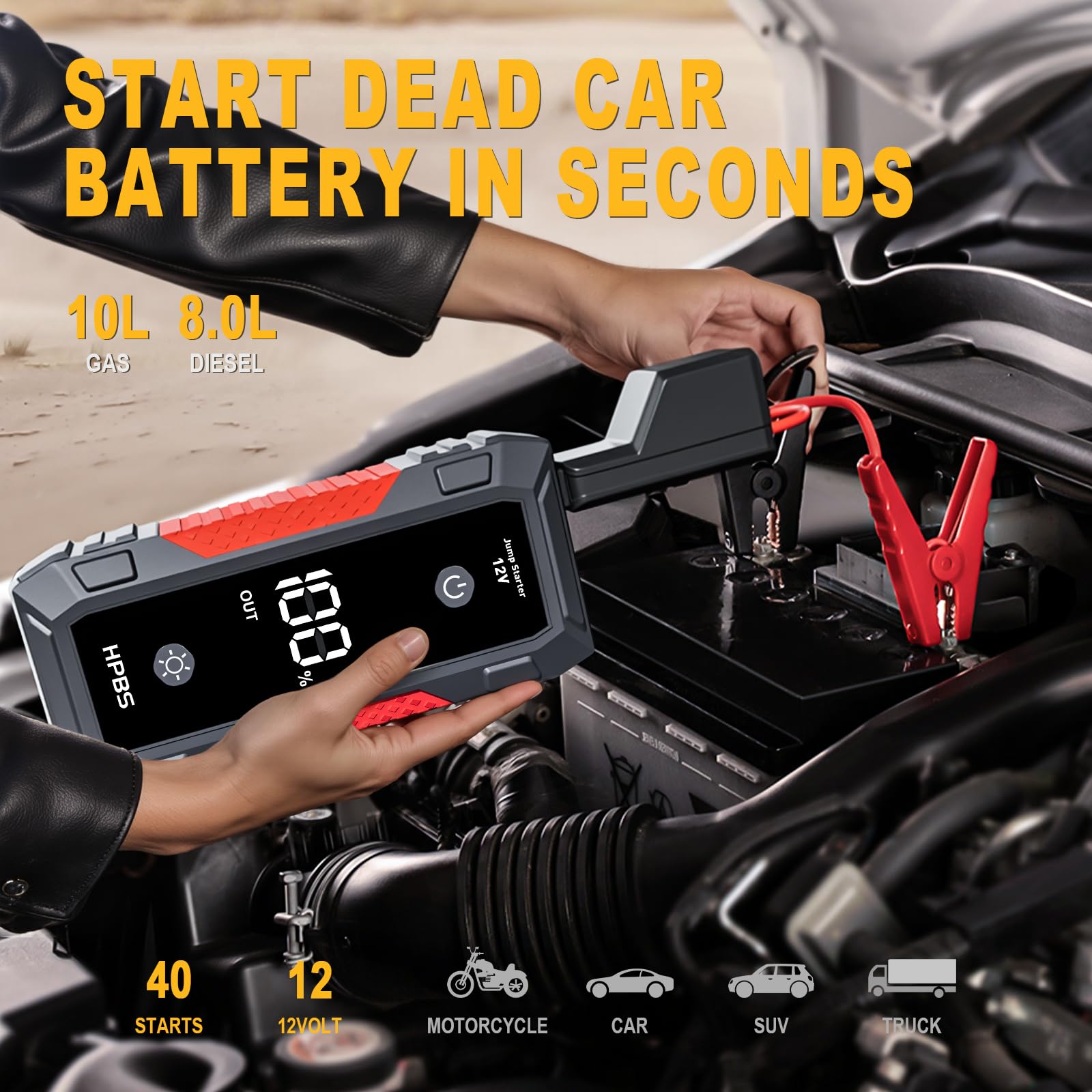 HPBS H50 jump starter with 3.0 inch LCD display showing readings.
