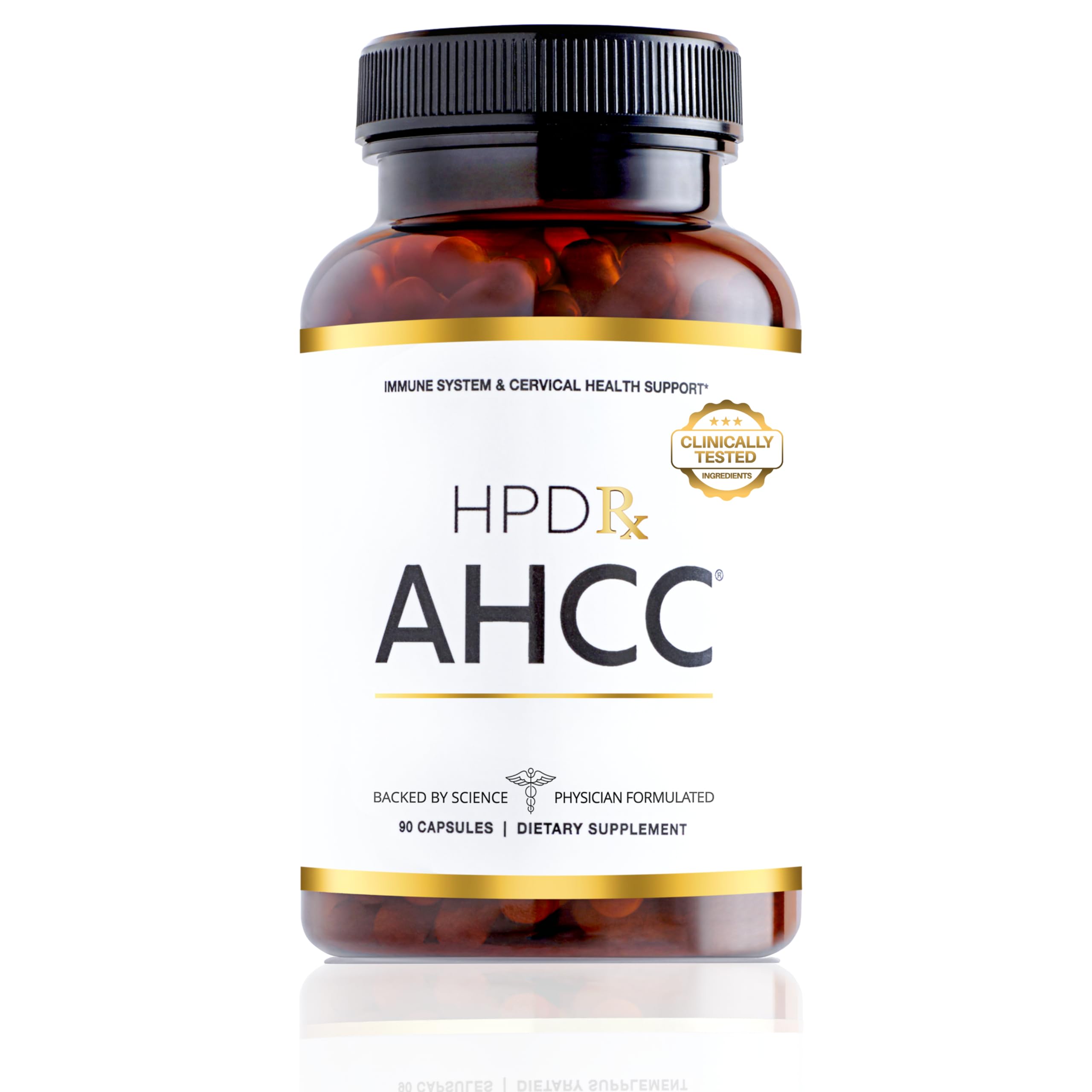 HPD Rx AHCC Shiitake bottle highlighting immune support and NK cell activity.