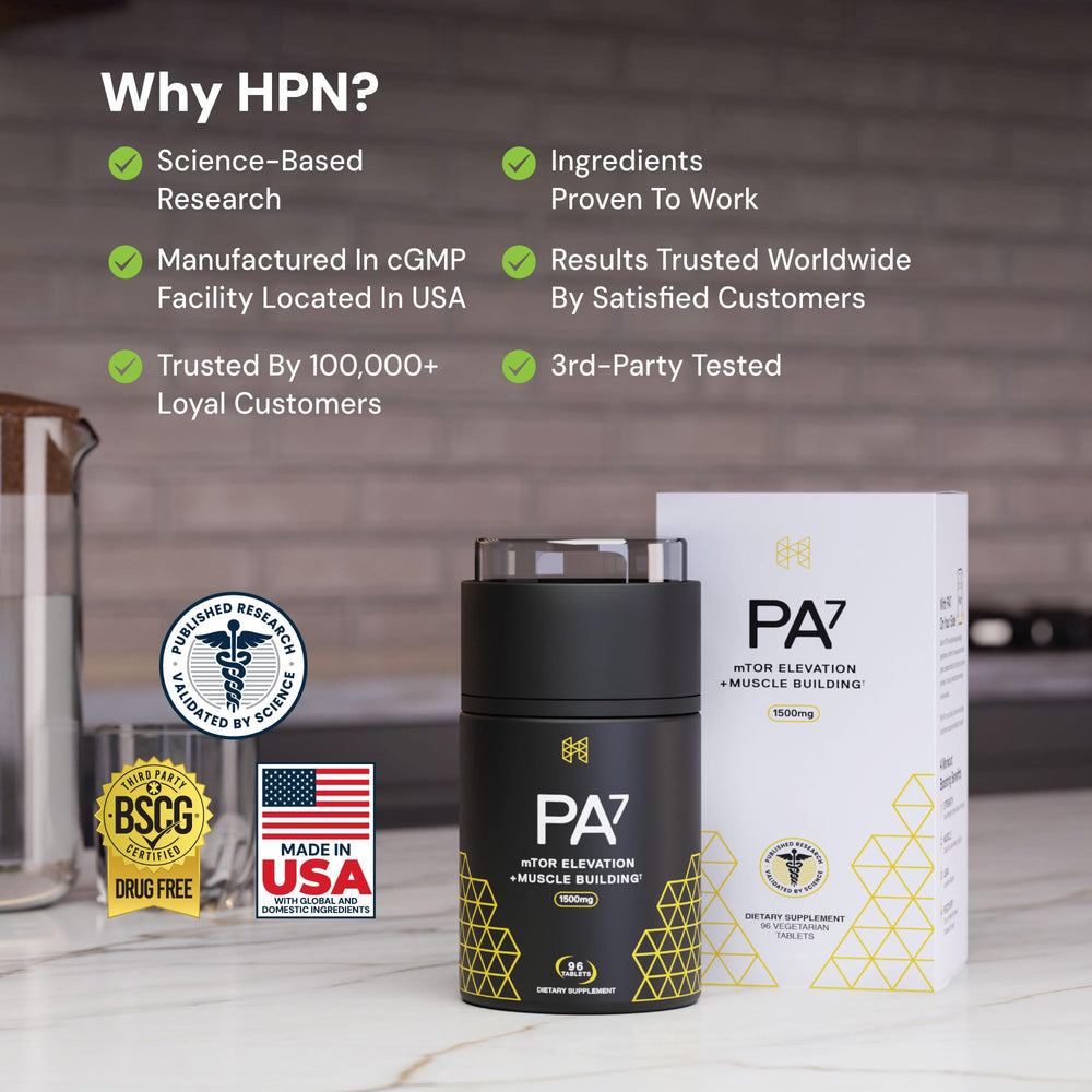 HPN PA(7) bottle on gym shelf for routine supplementation