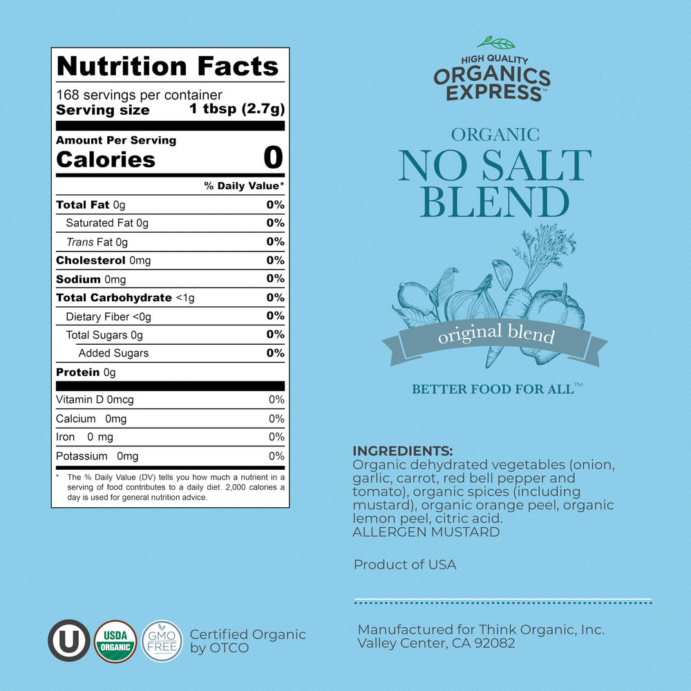 HQO Organic No Salt Seasoning label close-up highlighting 21 ingredients