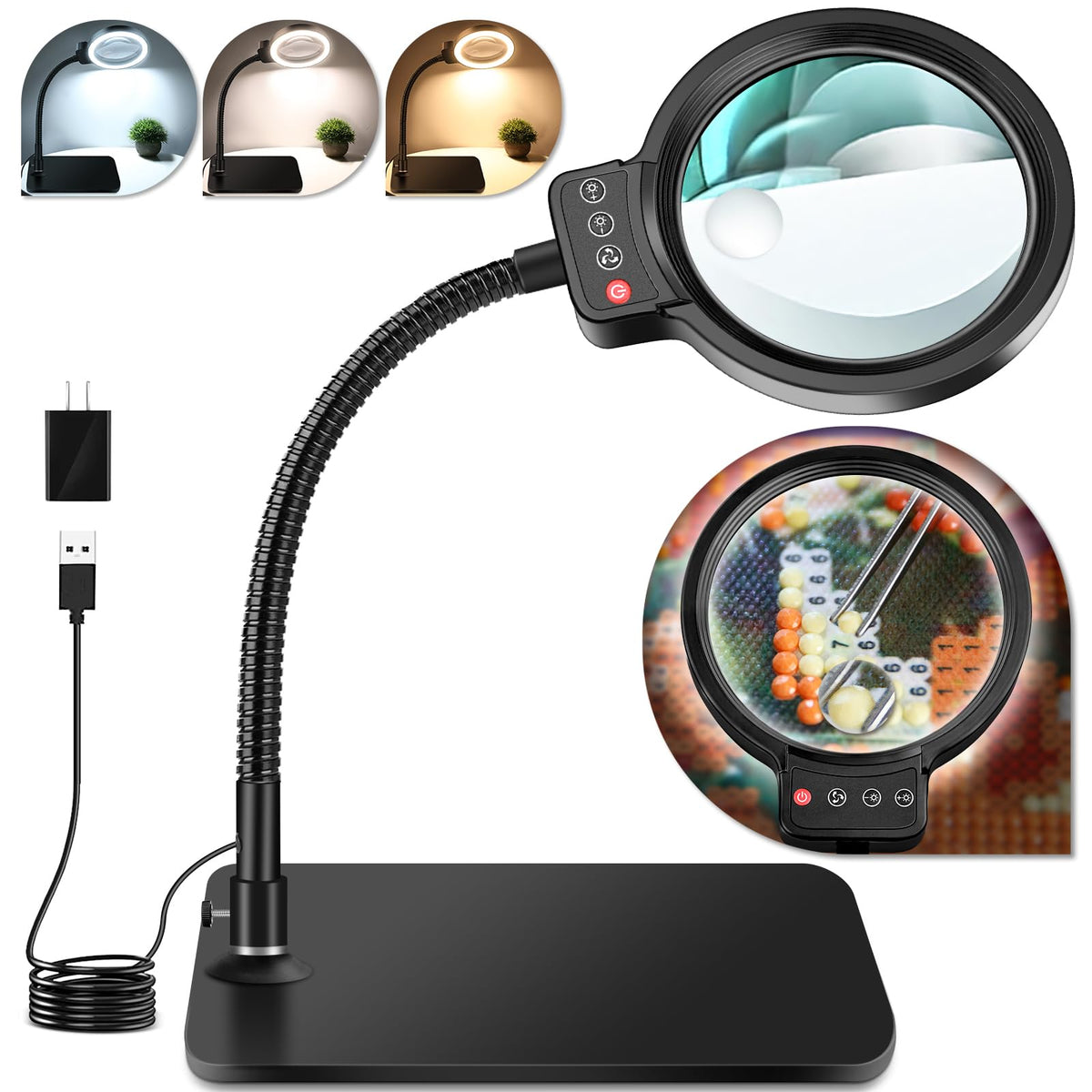 HQGZQL desktop magnifier with 30x-10x lens and LED light for precise close-up work.