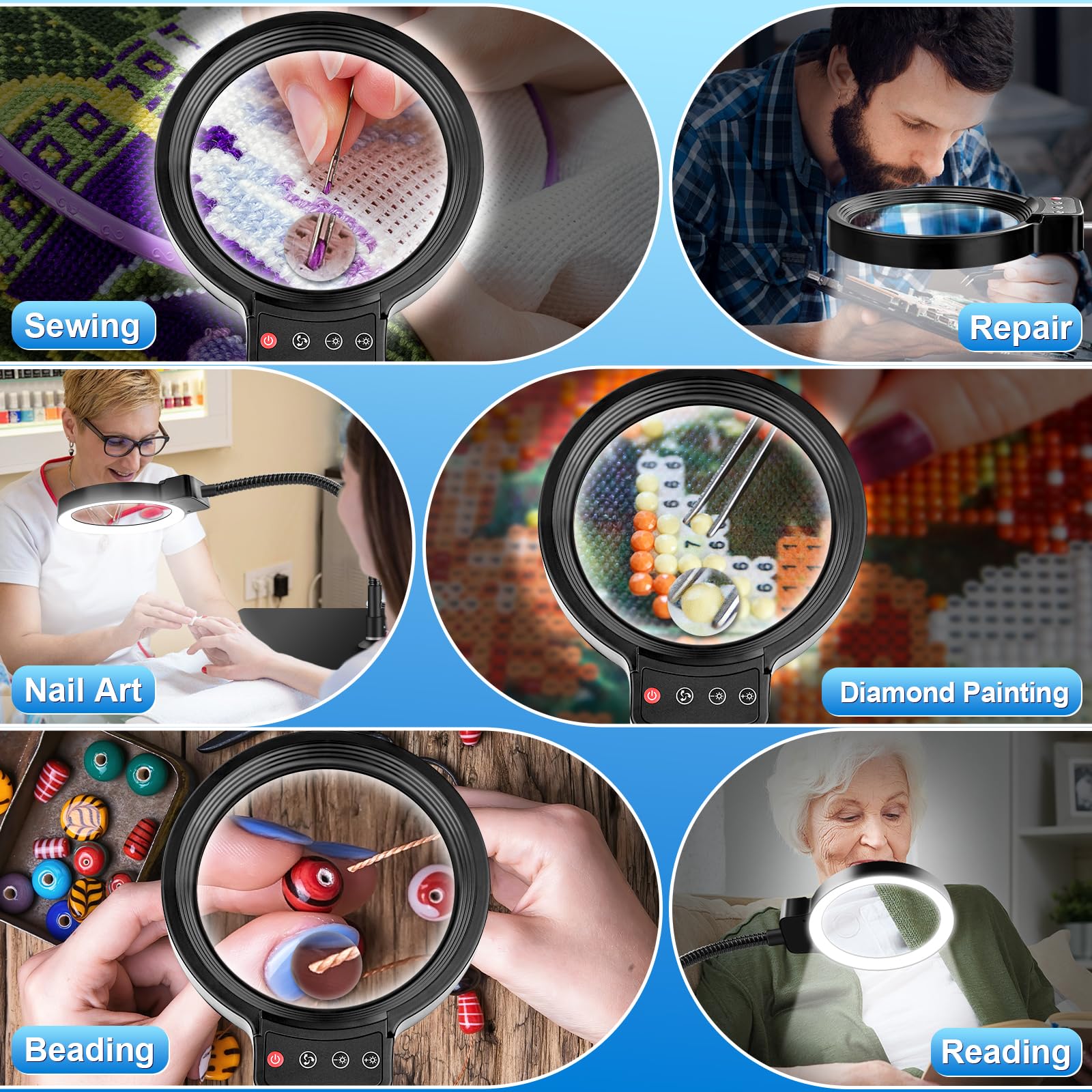 HQGZQL hands-free magnification ideal for sewing, painting, and electronics repair.