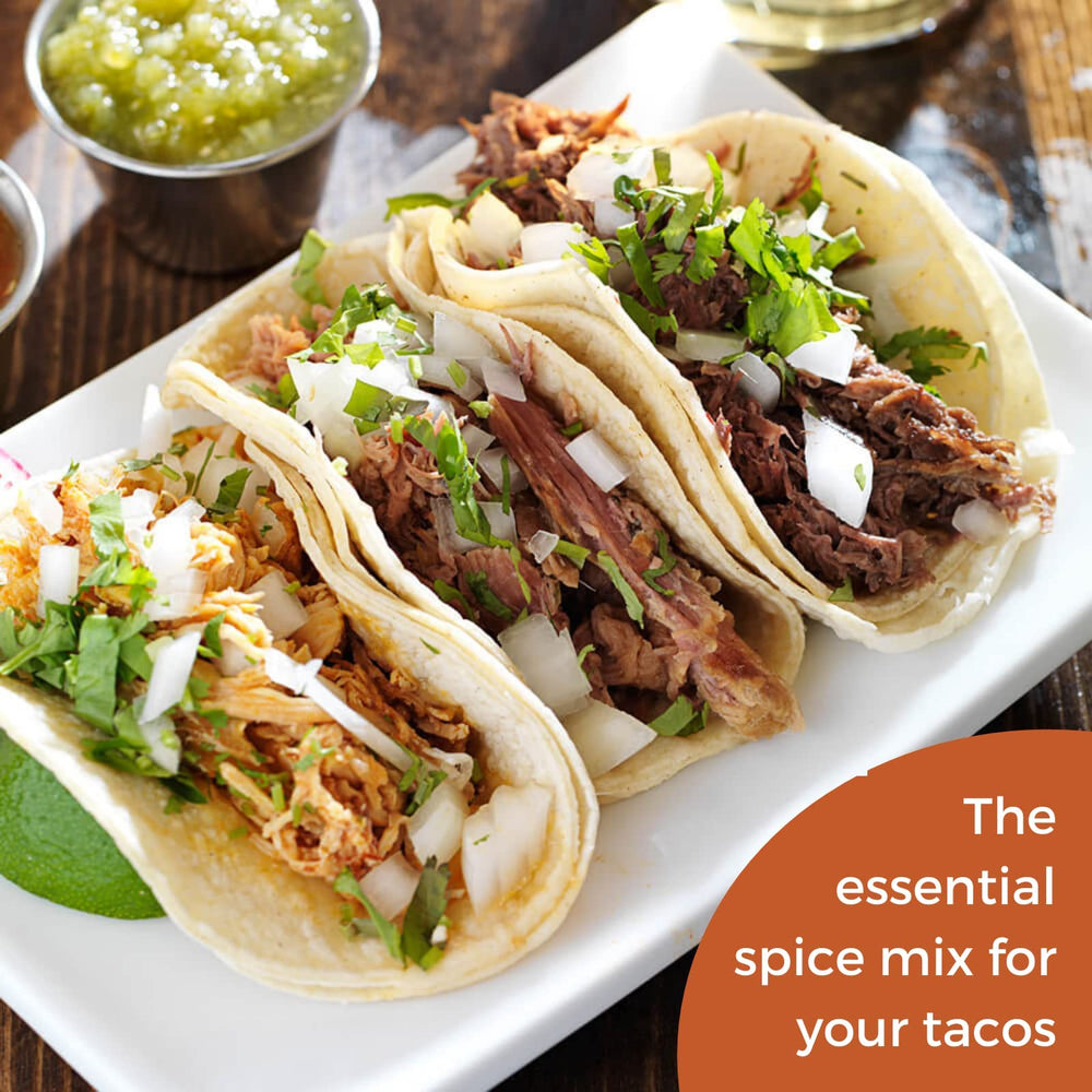 HQO Organic Taco Seasoning kitchen-counter image suggests quick weeknight flavor upgrades