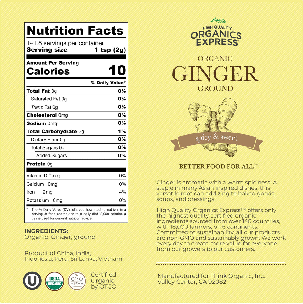 HQOExpress organic ground ginger powder label closeup highlighting quality