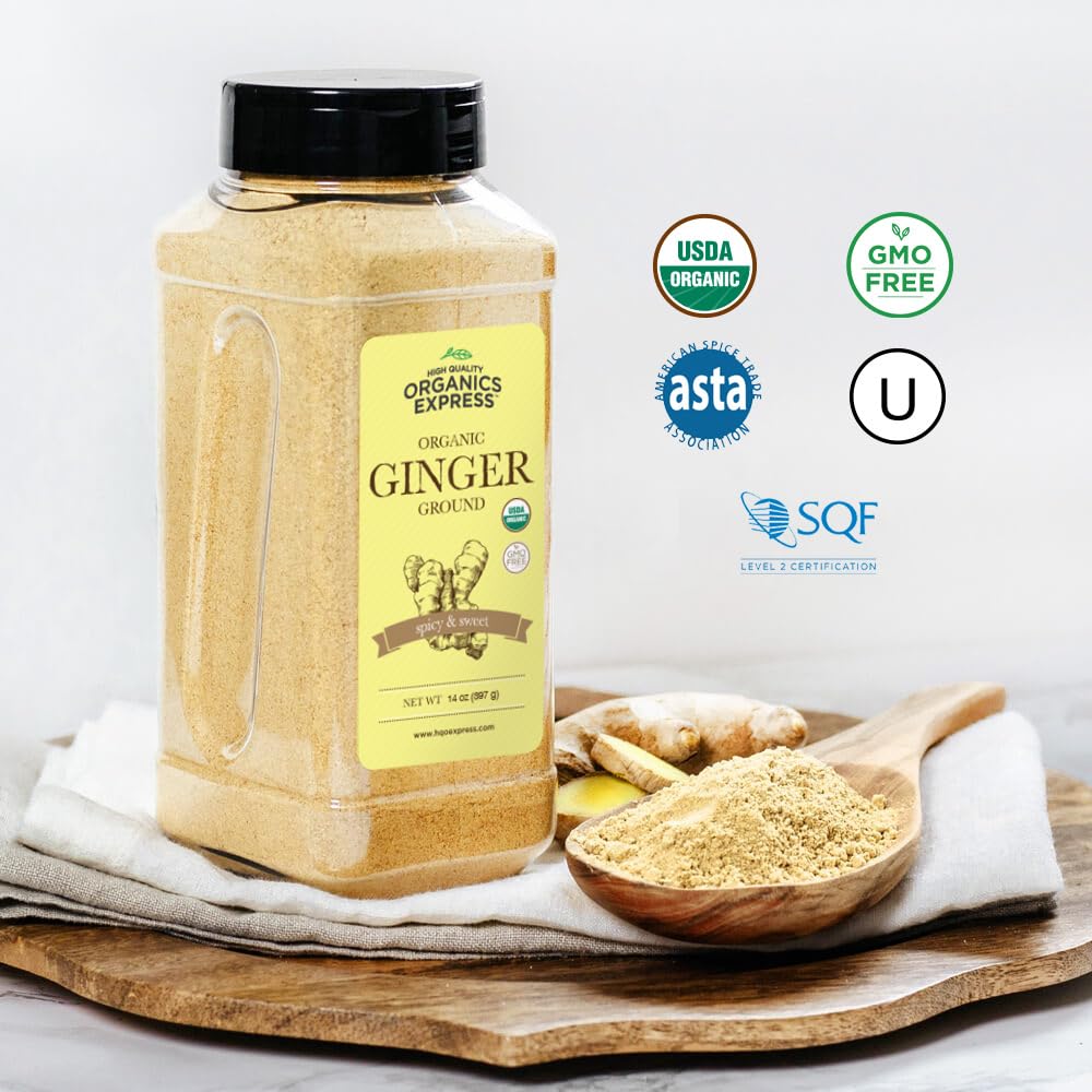 HQOExpress organic ground ginger powder on a spice shelf