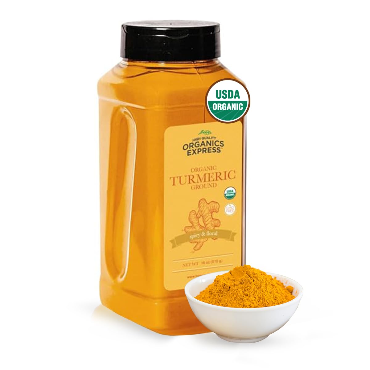 HQOExpress Organic Ground Turmeric Powder in a jar adds vibrant color to curries