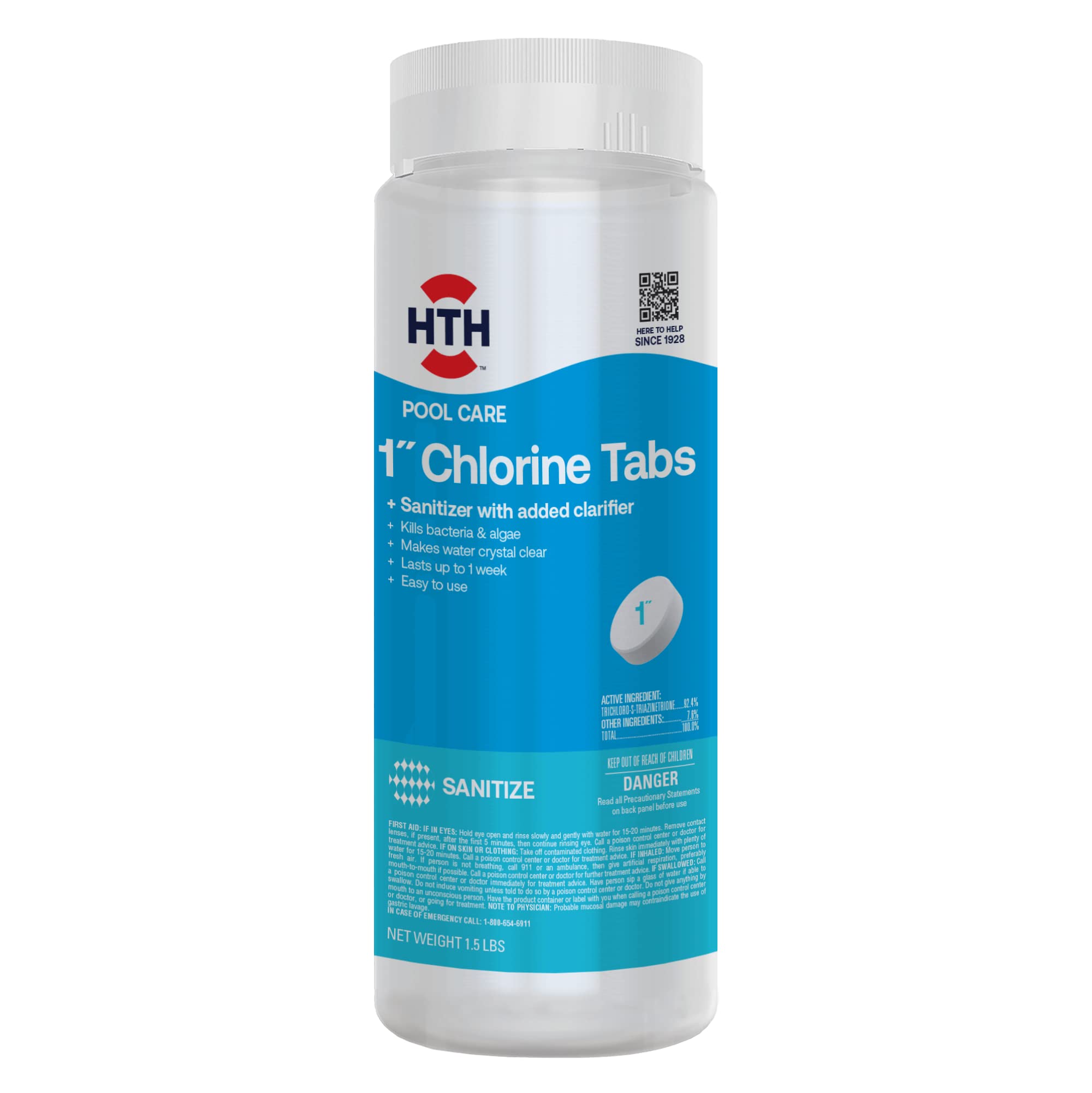 HTH chlorine tabs packaging for easy pool sanitation and clarity.