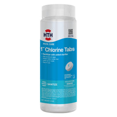 HTH chlorine tabs packaging for easy pool sanitation and clarity.