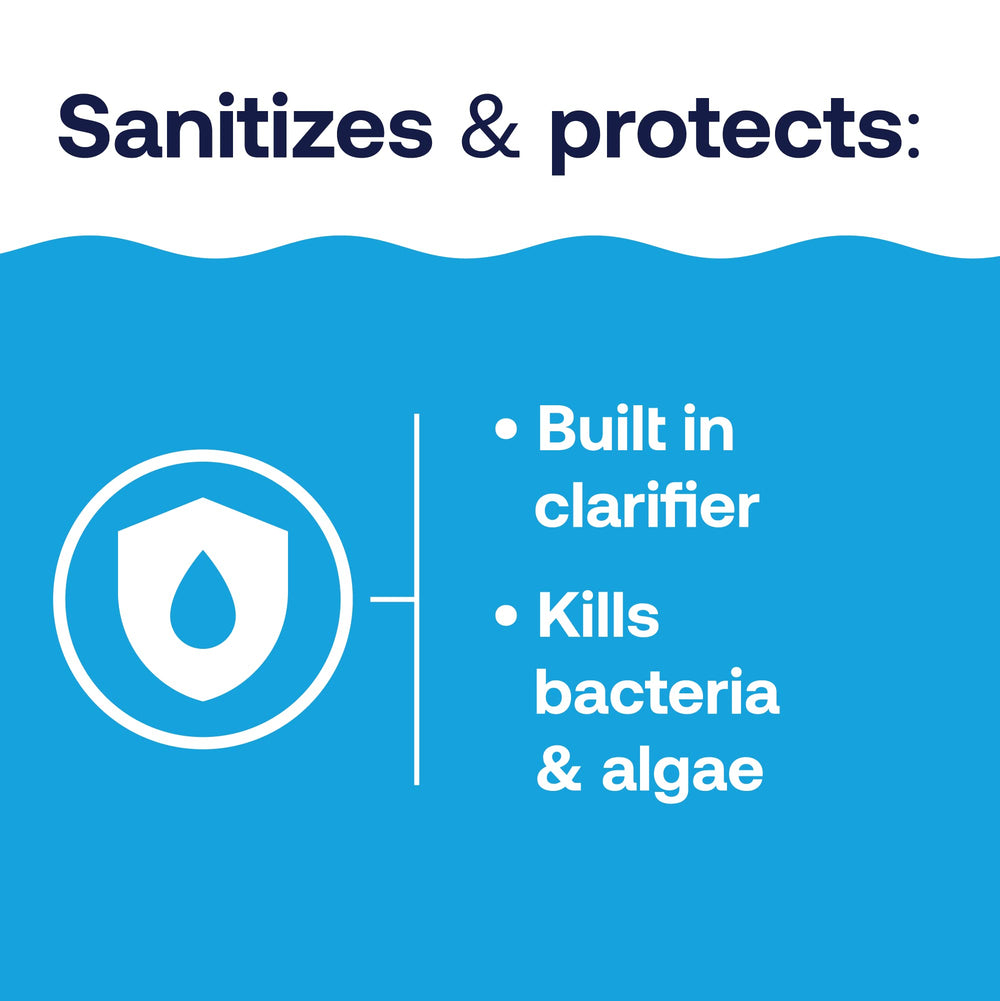 HTH tabs with clarifier improve pool water clarity under sun.