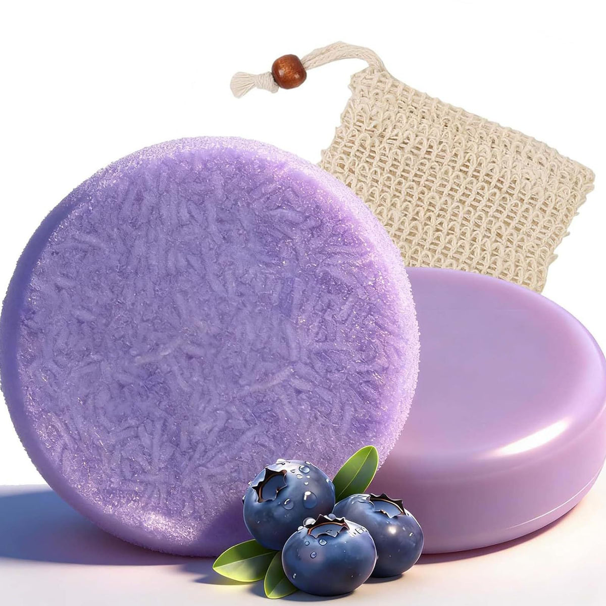 Htcpuo Blueberry Fields shampoo bar close-up for smoother hair