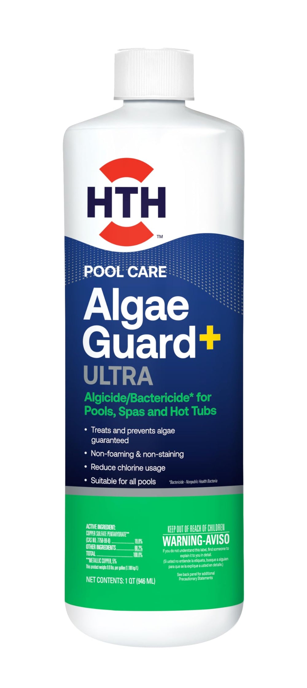 HTH Algae Guard Ultra 32oz bottle ready for immediate pool treatment