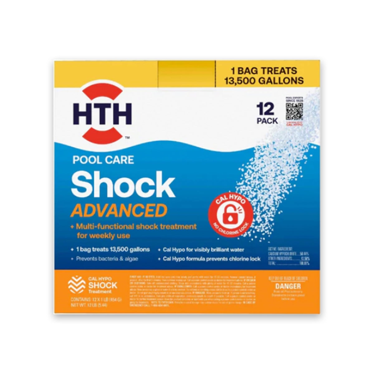 HTH Shock Advanced bottle pour promotes quick sanitization for crystal pool water.